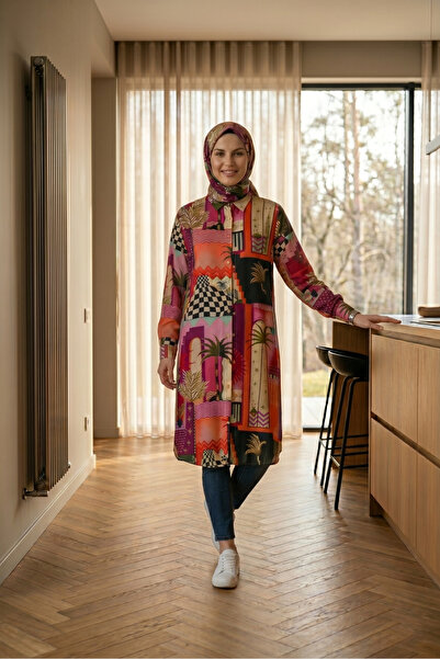 SADEL Desenli Baskılı Uzun Tunik - Turuncu