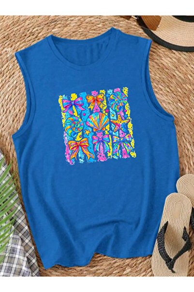 SUNFREE Summer Yaz Colorful Printed Summer Sleeveless Crew Neck Women's Tshirt