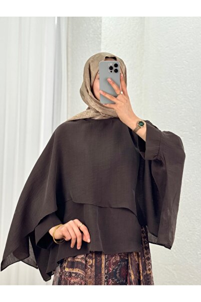 MİHRA STORE Alis Front Shawl Bat Sleeve Blouse-Ml038 Brown