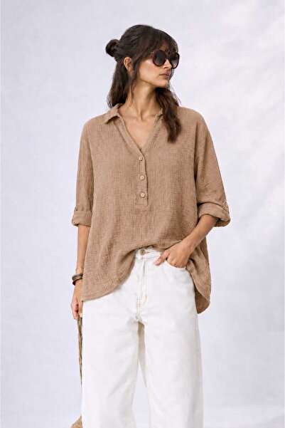 CES.İZ Women's Piece Painting Muslin Shirt with Washed Effect Oversize Loose ...