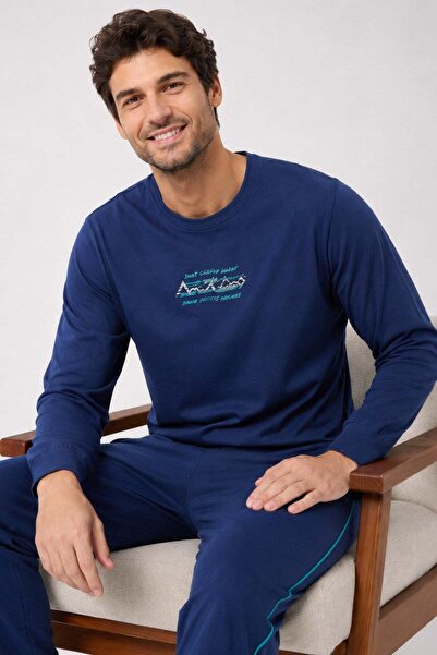 PİJAPİA Men's Long Sleeve 100% Cotton Pajama Set Navy Blue