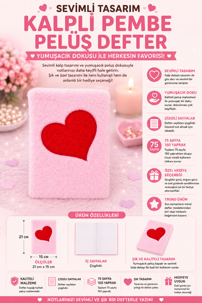 Yenilig Roza plišana sveska sa srcem 21x15 cm, mekana korica, crtana sveska