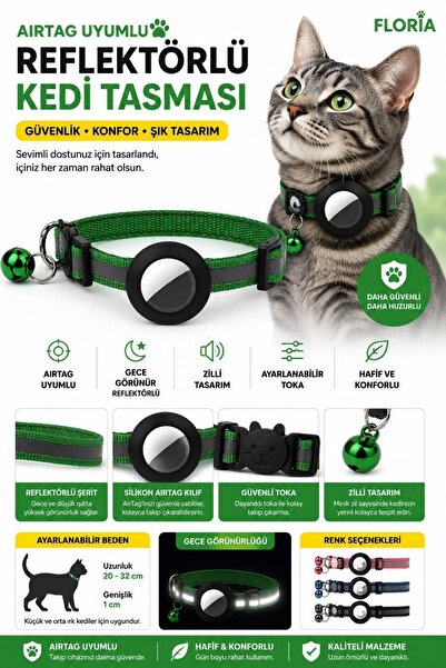 Floria Reflektörlü AirTag Kedi Tasması - Zilli Güvenlik Tokalı Tasma
