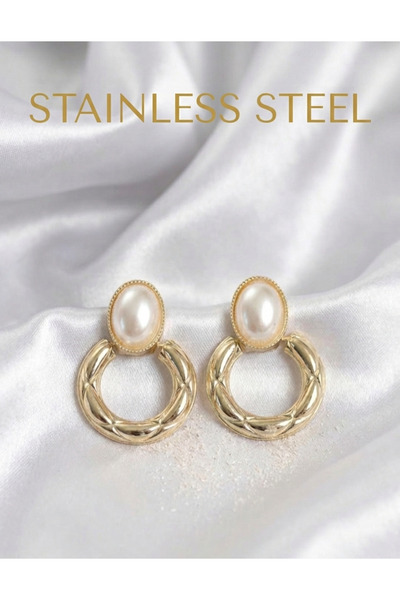 stainless steell أقراط موديل هالها من الفولاذ 316L باللون الذهبي مع اللؤلؤ