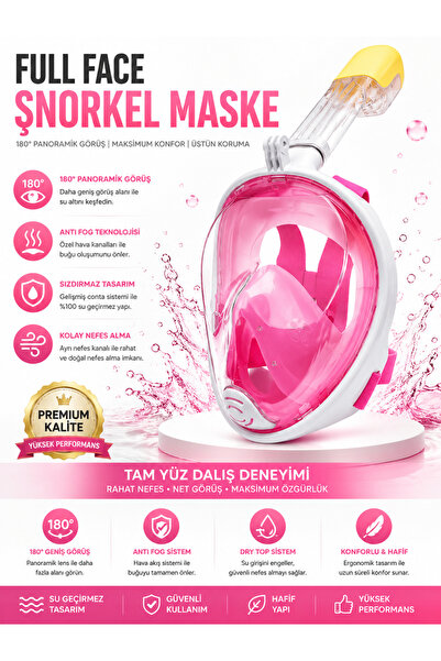 Janissary XL / L Full Face Şnorkel Maske Pembe Tam Yüz Dalış Maskesi 180° Pan...