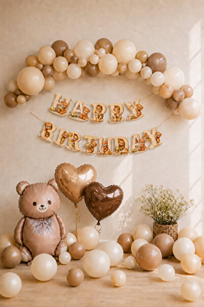 Baloncu Nene Teddy Bear Themed Birthday Balloon Set Caramel Brown Happy Birth...