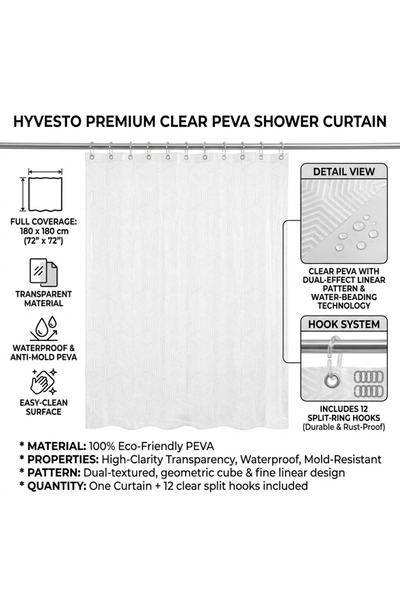 HYVESTO Bathroom Shower Curtain, 180x180 cm, Transparent with Patterned , Wat...