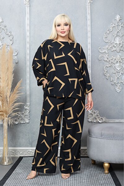 Tubik Women's Wide Cut Crew Neck Patterned Top and Bottom Tunic Pants Set