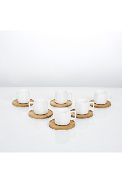 Malooki Set 6 cești espresso porțelan Block cu farfurioare bambus, 90ml, alb