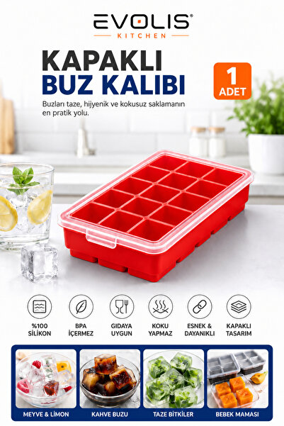 evolis kitchen 1 Adet 15 Bölmeli Silikon Kapaklı Buz Kalıbı-Et Suyu Saklama K...