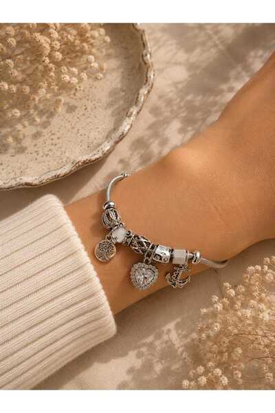 mz mazalinda Silver Charm Bracelet Women's Steel Handcuff Bracelet Stylish Br...