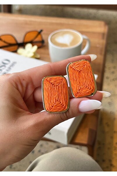 AychaAksesuar Vip rectangular frame orange straw earrings rectangular earrings