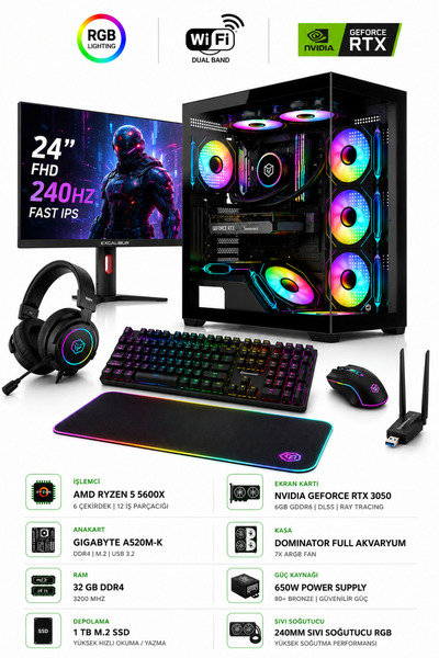 SETUPC START X1 RYZEN 5 5500 16 GB RAM 512 GB M2 SSD RTX 3050 24" 240 HZ ARGB...