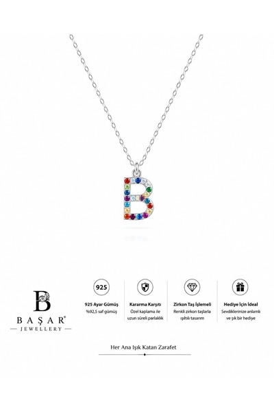 Başar Silver 925 Ayar Gümüş B Harf Kolye – Renkli Zirkon Taşlı Kişiye Özel He...