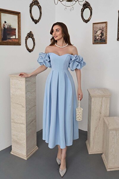 Elbee Fashion Woman Bebe Mavi Kolları Balon Pileli Atlas Elbise
