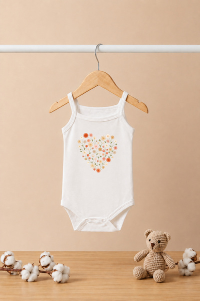 bebeqon 100% Cotton Floral Heart Printed Baby Strap Bodysuit White