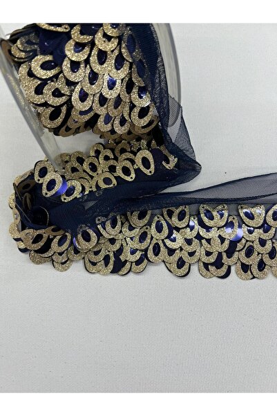 KAYA ARNİCA TEKSTİL Drop Patterned Sequin Fringe Ribbon Navy Blue-Gold- 1 Meter