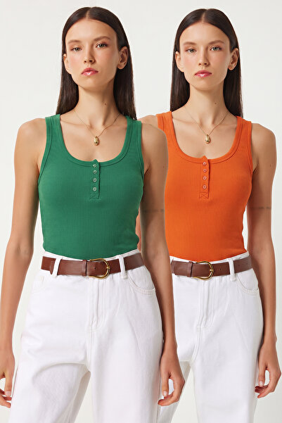 Lovelyİstanbul 2-Pack Buttoned Ribbed Knitted Undershirt Lrn0037 Green Orange