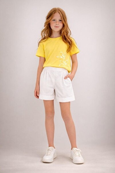 nk kids Kız Çocuk 8-14 Yaş Pileli Dokuma Keten Kumaş Şort Ekru
