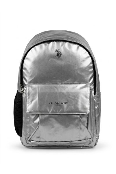 U.S. Polo Assn. Rucsac și geantă de școală din țesătură lucioasă gri metaliza...