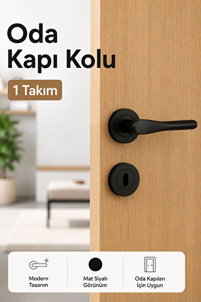 Badem10 Özen Royal Mat Siyah Oda Kapı Kolu 1 Takım Yuvarlak Rozetli Şık Moder...