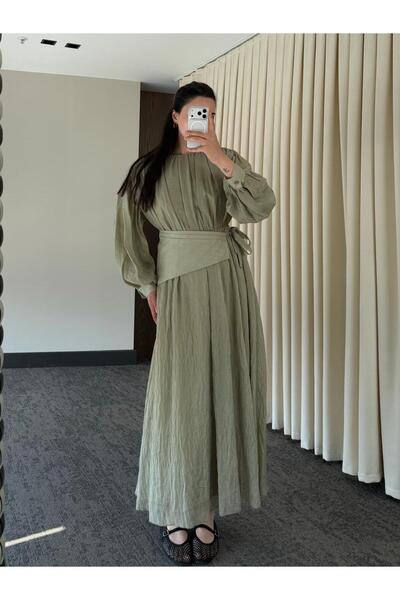My Blog Khaki Elastic Waist Modest Belted Dress - 7051