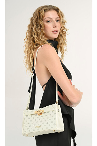 Pierre Cardin White Women's Shoulder Bag Monogram Patterned Double Strap Lock...