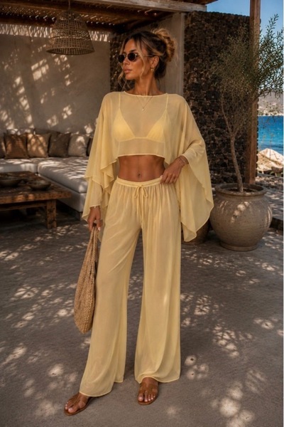 Kokoş Yellow Chiffon Fabric Double Suit Size M-L