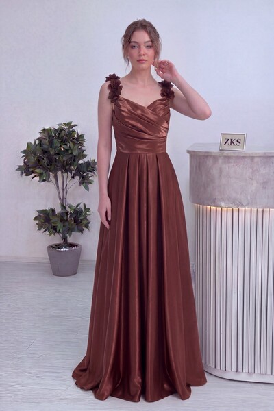 zks grup tekstil Women's Off Shoulder Floral Detailed Princess Pleated Satin ...