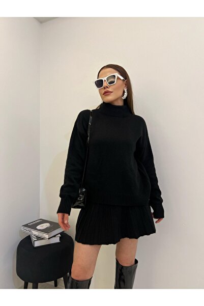 POİNE Women's Turtleneck Knitwear Skirted Stylish Top-And-Bottom Set