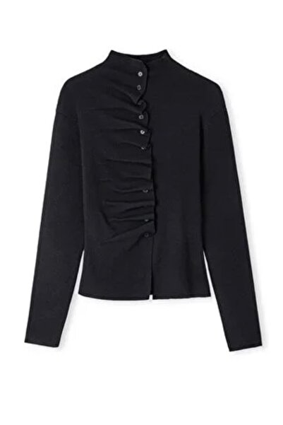 Hayriş Black Stand-Up Collar Drawstring Cardigan