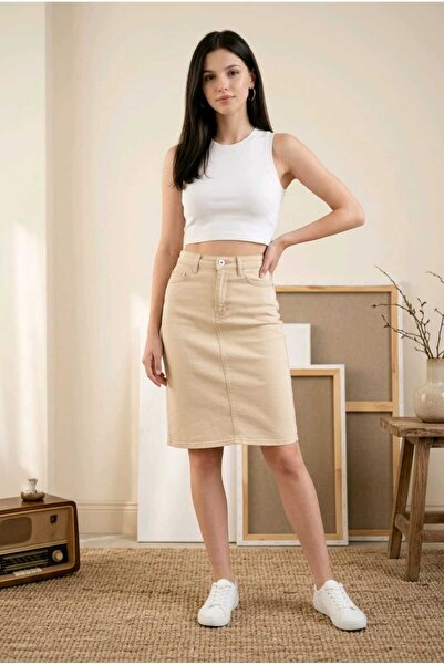 mooishan Stella Women's Cream, 11 cm Slit, 52 cm High Waist, Lycra Short Deni...