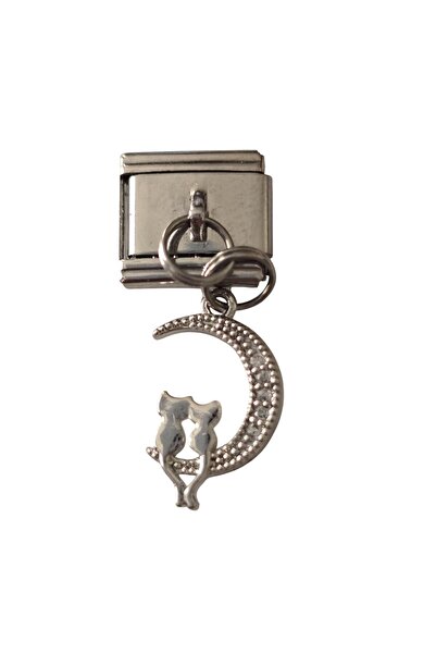 Sibelya Aksesuar Italian Charm with Stone, Moonlit Cats in Love Figurine, Sil...