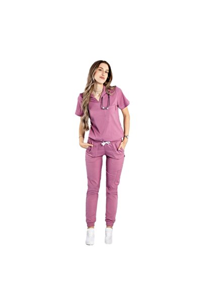 RUNI Powder pink stretch polo medical suit, with V-neck blouse and jogger pan...