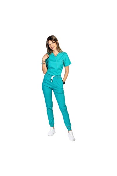 RUNI Costum medical stretch polo verde turcoaz, cu bluza in V si pantaloni ti...