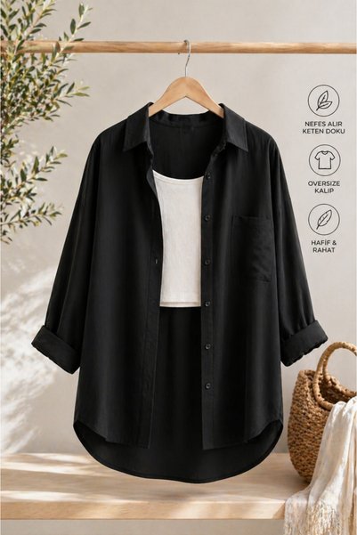 Maxi İdol Kadın Oversize Gömlek Salaş Rahat Kesim Uzun Kollu Basic Gömlek