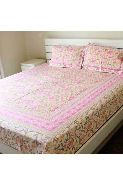 Weswadesi Bedsheet with 2 Pillow Covers – Light Pink and Brown Print