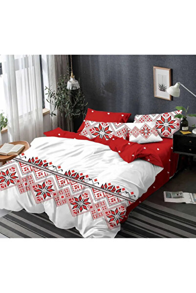Sky Home Set de lenjerie de pat Finet 6 piese, Alb/Roșu cu motive tradițional...