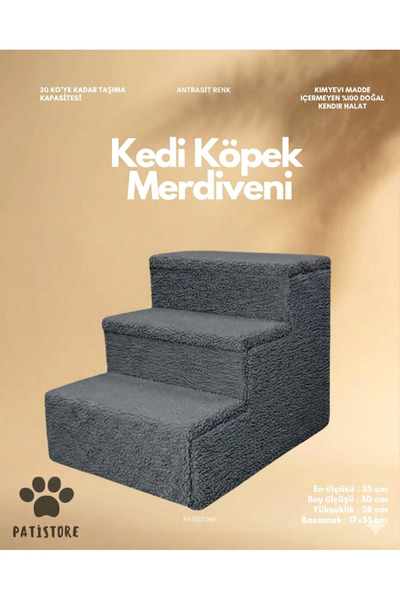 PATİSTORE Antrasit Kedi Köpek Basamağı - Eklem Dostu Yatak Koltuk Çıkma Merdi...