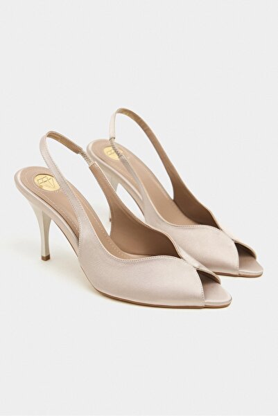 NİŞANTAŞI SHOES Roxy Dark Beige Satin Ankle Strap Open Toe Detail Women's Hee...