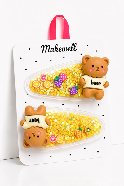 MakeWell 2-Piece Children's Snap Clips with Teddy Bear Figures – Yellow Glitt...