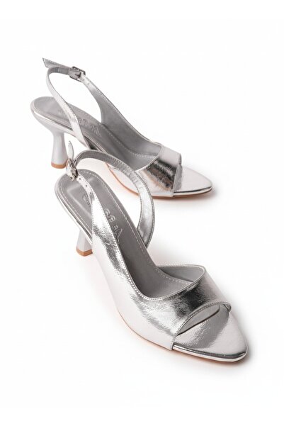 Ymn ayakkabı Siri Women's Silver Evening Dress Heeled Sandals 5 cm Thin Heel ...