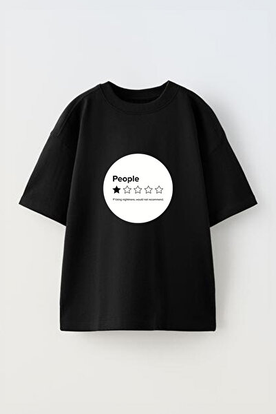 Anetos Tricou oversize negru din bumbac, cu imprimeu frontal, cu design Peopl...
