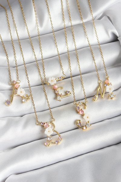 SEM STORE 316L Steel Gold Color A-Letter Zircon Stone Flower Detail Necklace