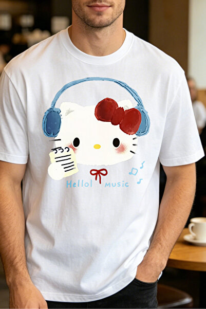 Fleck Cute Cartoon Hello Kitty With Headphones Men's T-Shirts Music Theme Cas...