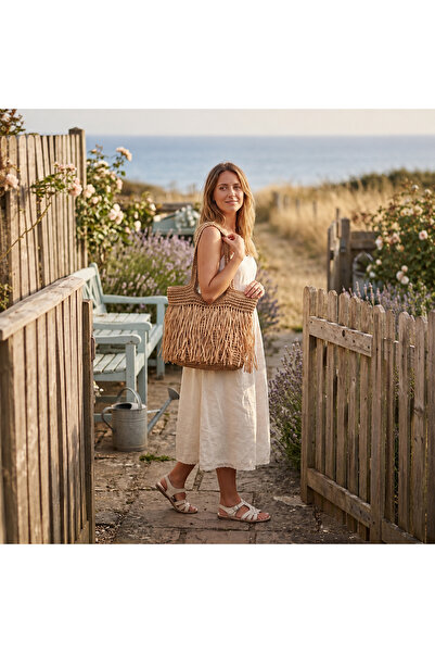 Clayre & Eef Boho Summer Straw Bag with Patterned – Natural 42x42 cm