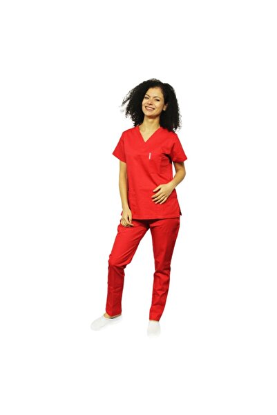 RUNI Costum medical rosu, bluza cu anchior in V, trei buzunare si pantaloni c...