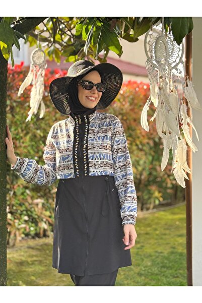 Moodbasic Etnik Desenli Tesettür Mayo - Siyah