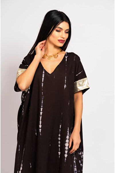Fame Caftan lung din bumbac, stil grecesc, cu detalii din paiete aurii