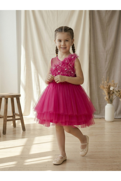 OEM Rochie de petrecere și serbări, fucsia, cu trandafiri aplicați